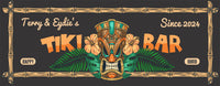 Personalized Tiki Bar Sign with Custom Name and Established Date, Featuring Tiki Mask, Ferns, and Hibiscus Flowers
