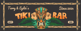 Personalized Tiki Bar Sign with Custom Name and Established Date, Featuring Tiki Mask, Ferns, and Hibiscus Flowers