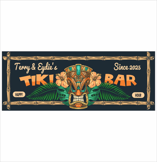 Tiki bar sign with tropical mask bamboo border and palm leaves personalized bar wall decor