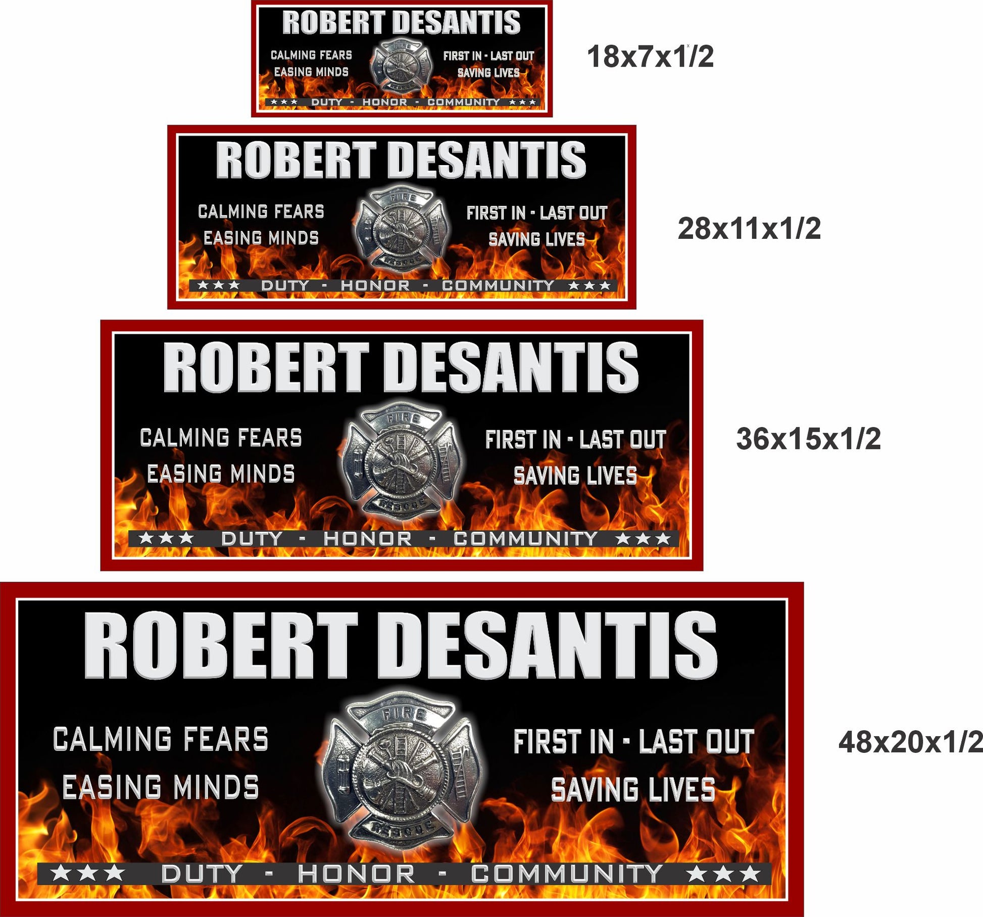 personalized firefighter maltese cross sign size comparison showing four available sizes with flame background and firefighting motto text