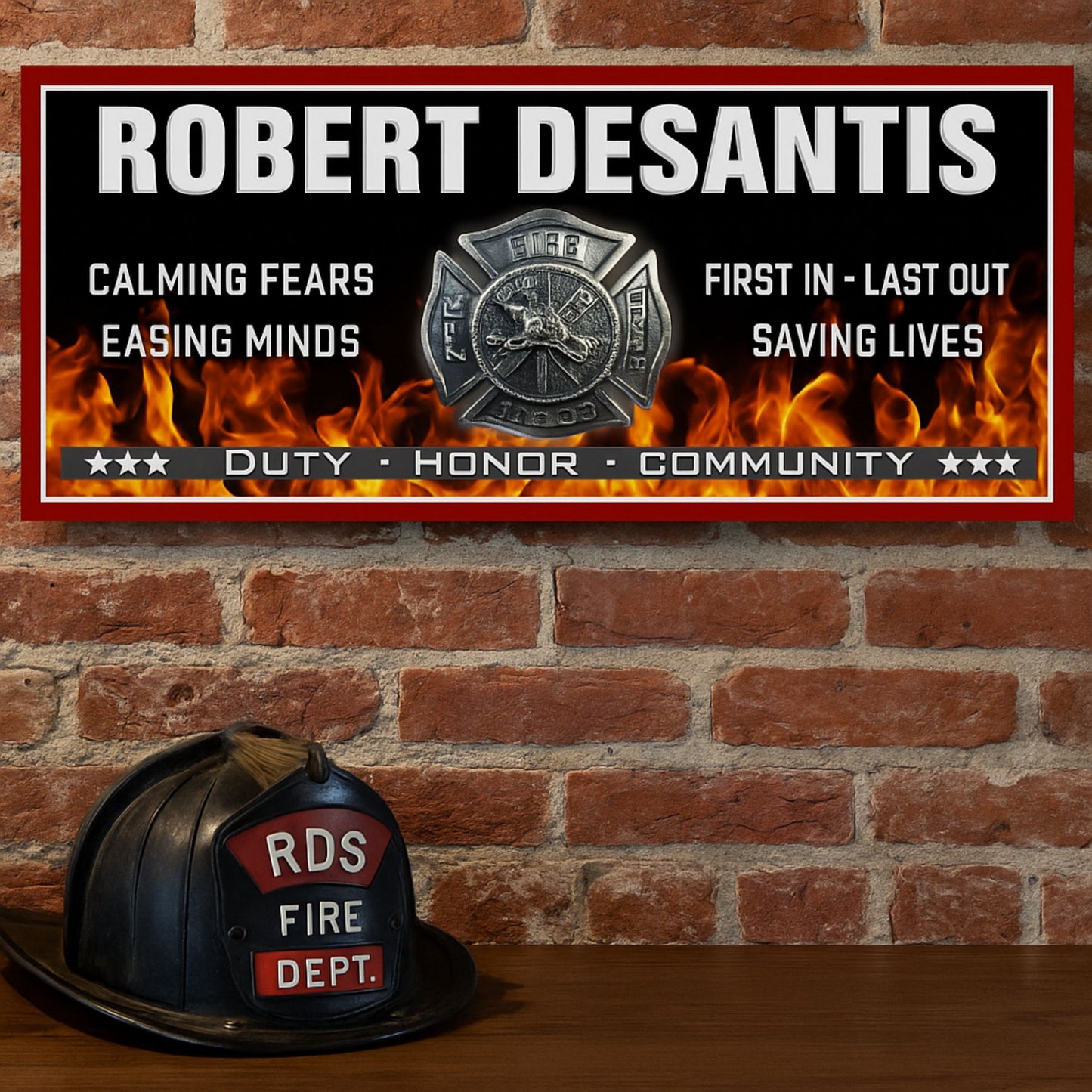 firefighter wall sign displayed on a brick wall with a vintage fire helmet beneath it