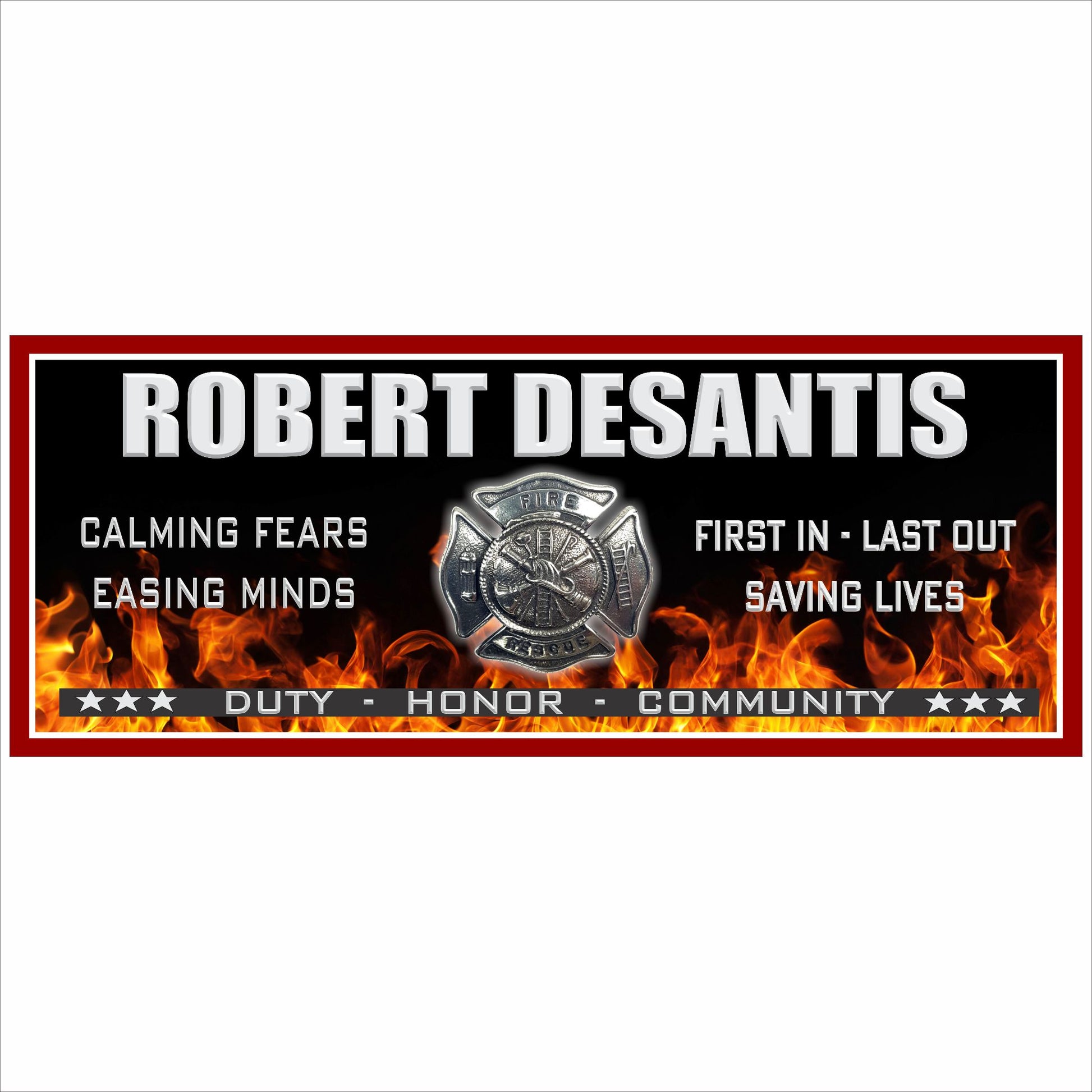  personalized firefighter wall sign featuring maltese cross badge, flames, bold text, and durable vinyl on pvc construction