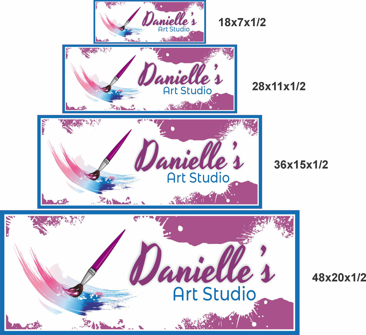 Shown in four available sizes: 18x7 28x11 36x15 and 48x20 inches, this personalized art studio sign features editable text and a colorful paintbrush design.
