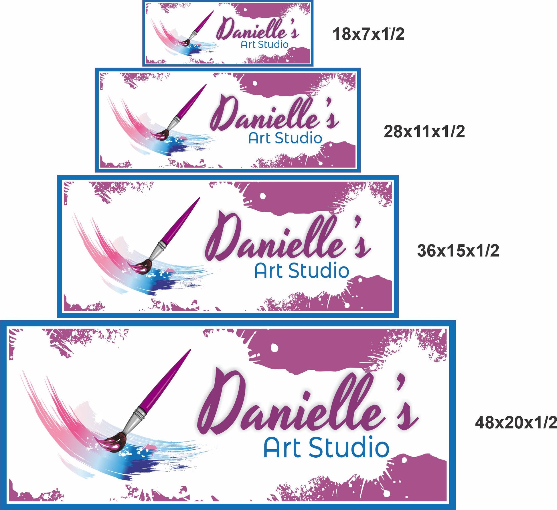 Shown in four available sizes: 18x7 28x11 36x15 and 48x20 inches, this personalized art studio sign features editable text and a colorful paintbrush design.