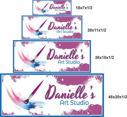 Shown in four available sizes: 18x7 28x11 36x15 and 48x20 inches, this personalized art studio sign features editable text and a colorful paintbrush design.