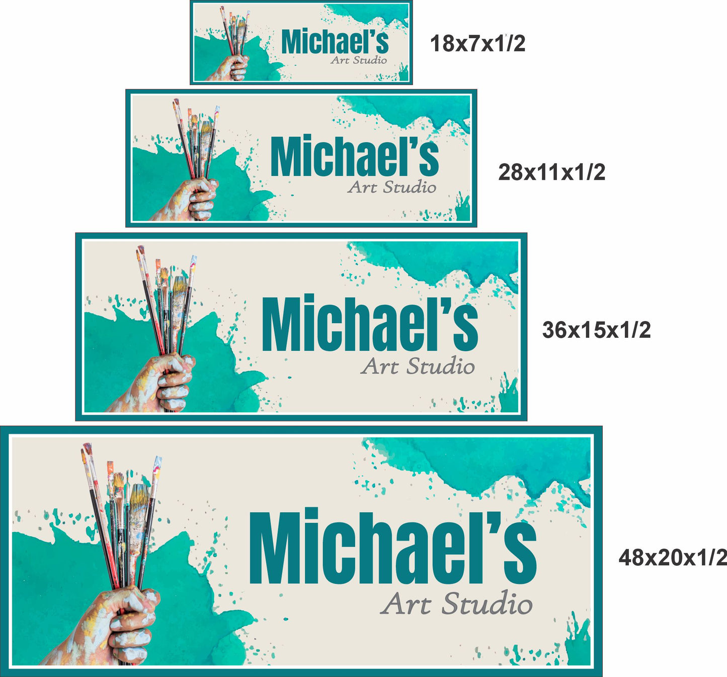 art studio sign shown in four sizes including 18x7, 28x11, 36x15, and 48x20 for scale reference