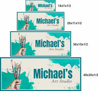 art studio sign shown in four sizes including 18x7, 28x11, 36x15, and 48x20 for scale reference