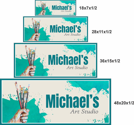 art studio sign shown in four sizes including 18x7, 28x11, 36x15, and 48x20 for scale reference