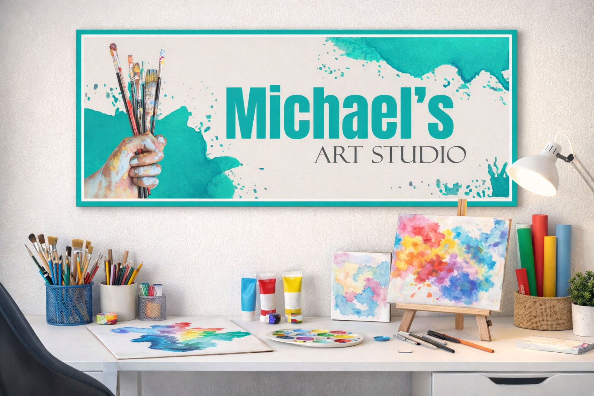custom art studio wall sign displayed above an artist’s desk with paintbrushes, watercolor paintings, and art supplies