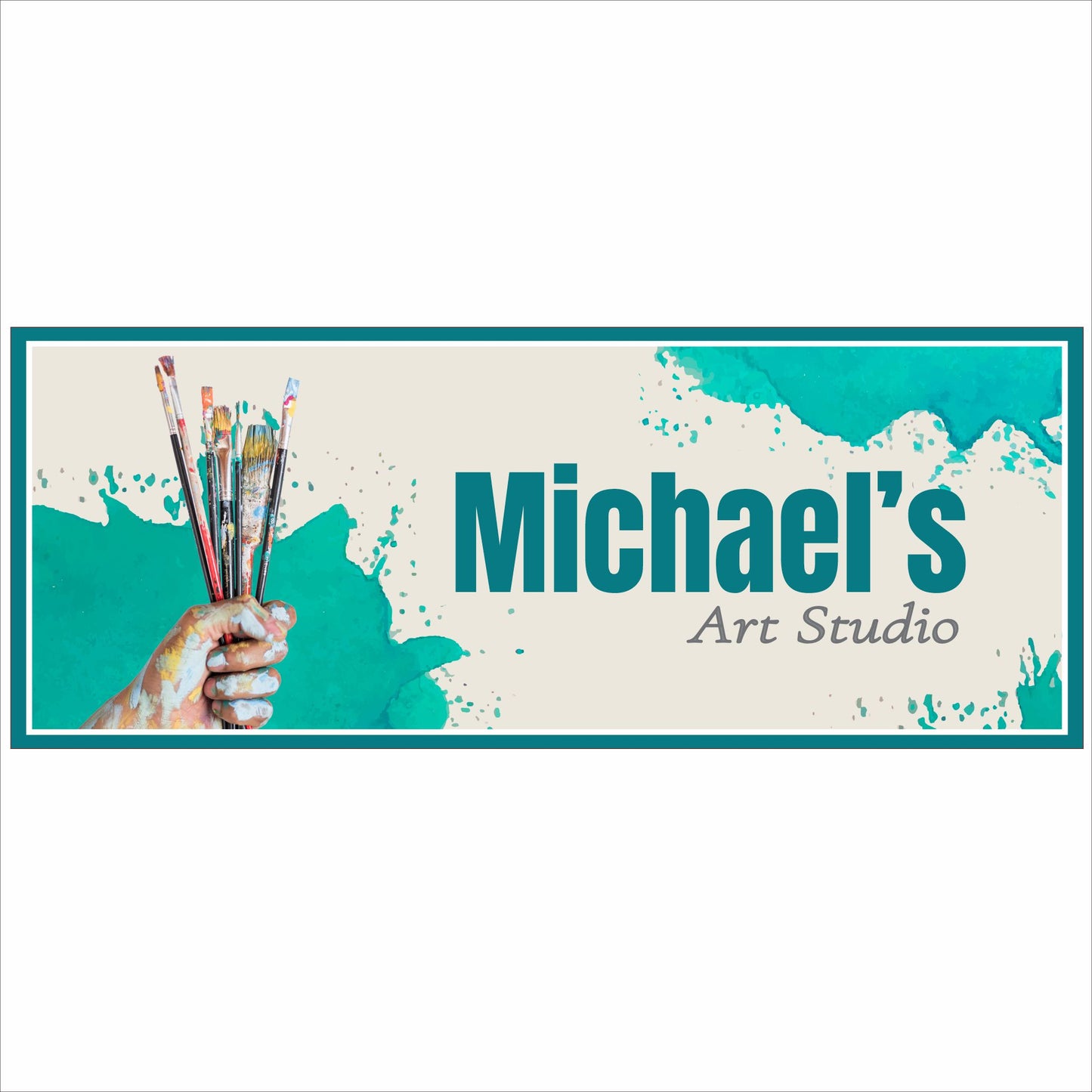 personalized art studio sign with paintbrushes and teal splash design on wall