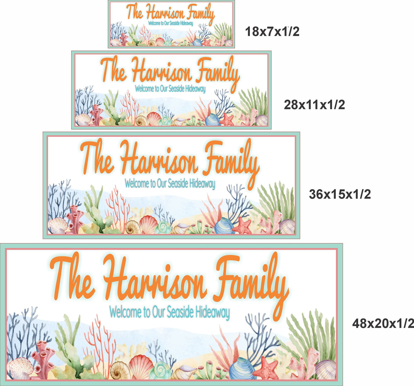 personalized coastal family sign with seashell design showing four available sizes