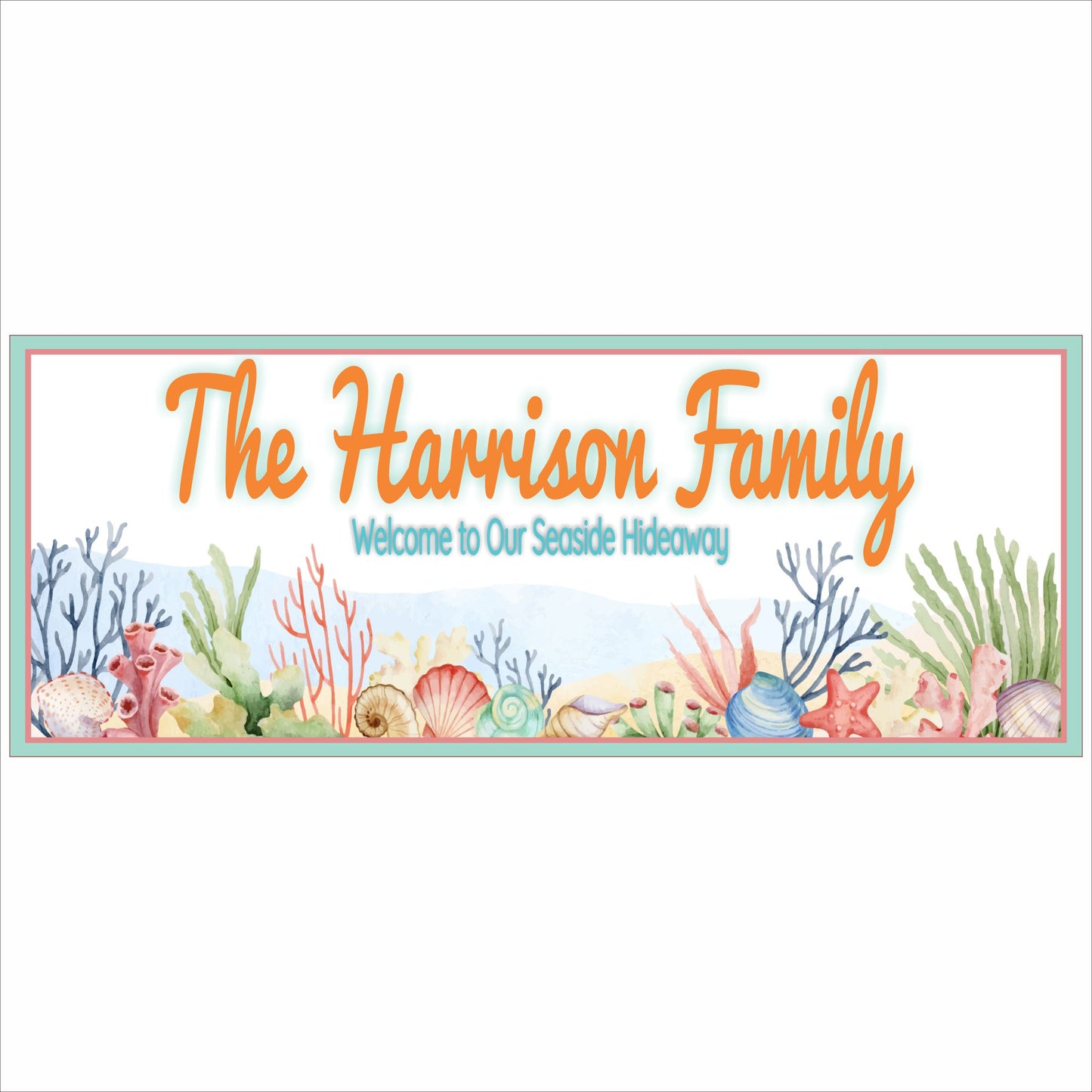 personalized beach house family sign with seashells coral and ocean theme coastal design