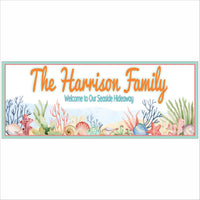 Personalized coastal family beach house sign with watercolor seashells, coral, and ocean theme, custom seaside home decor wall art