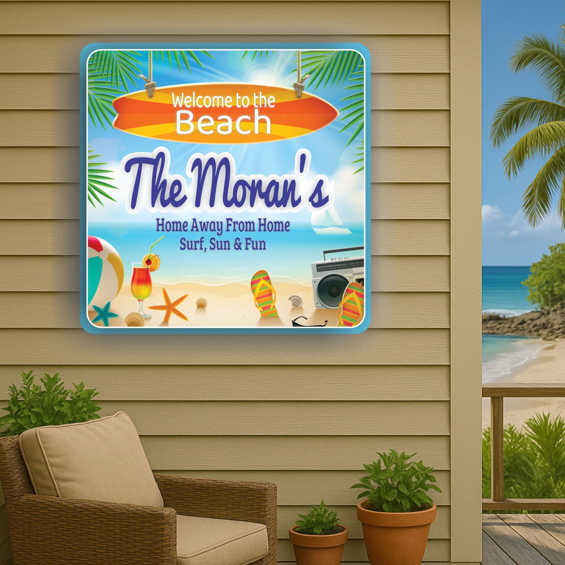 beach house sign displayed on outdoor wall next to patio chair with ocean and palm trees in background