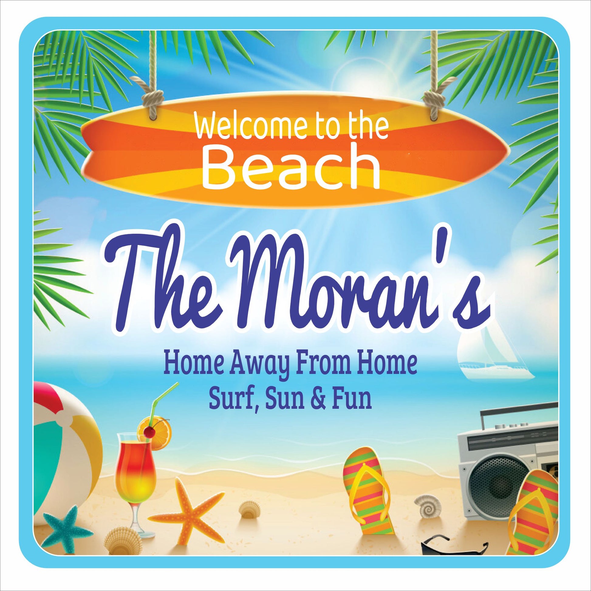 personalized beach house sign with surfboard flip flops drink and seashells on a coastal scene