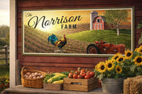 Rustic farm scene with personalized farm sign mounted on barn wall, surrounded by fresh produce, sunflowers, and country décor.