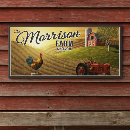 farm sign displayed on red barn siding with fields barn tractor and rooster illustration
