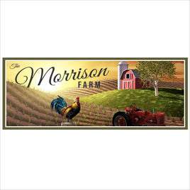 Personalized rustic farm sign with barn, tractor, rooster, and rolling fields, custom family name farm decor.