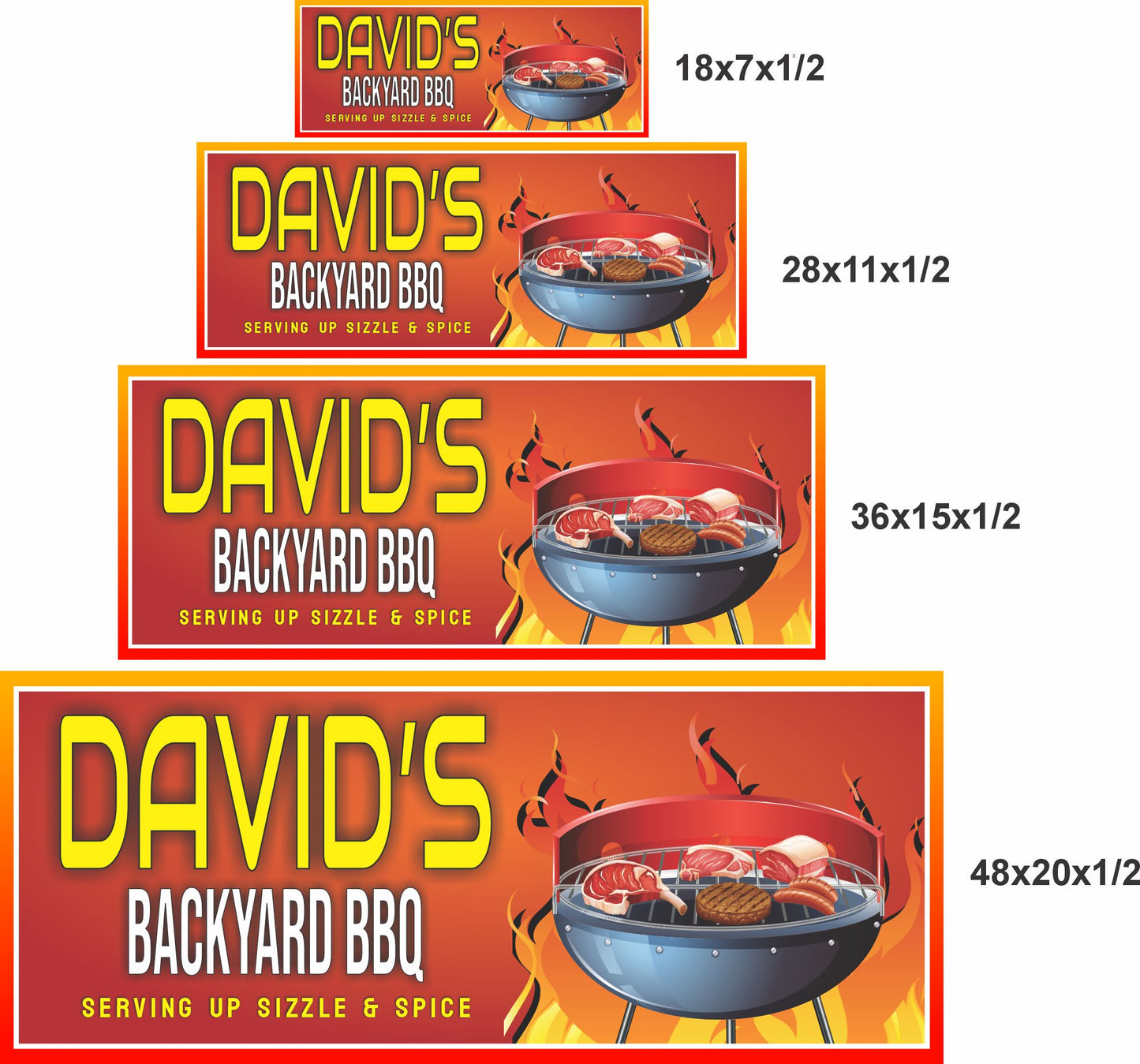 18x7, 28x11, 36x15, and 48x20 inch personalized backyard bbq sign size options