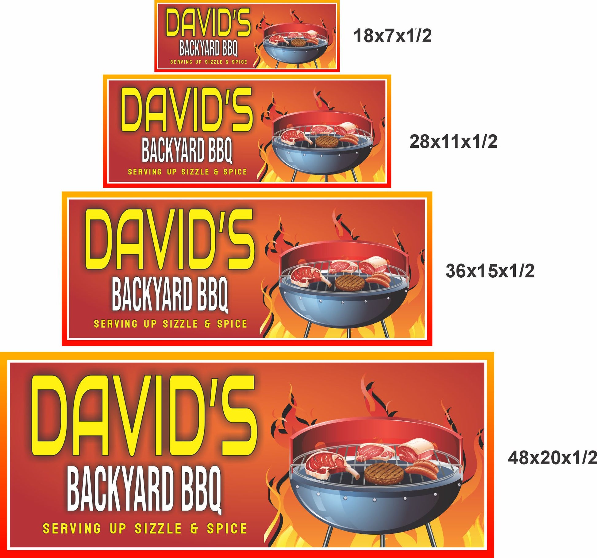 18x7, 28x11, 36x15, and 48x20 inch personalized backyard bbq sign size options