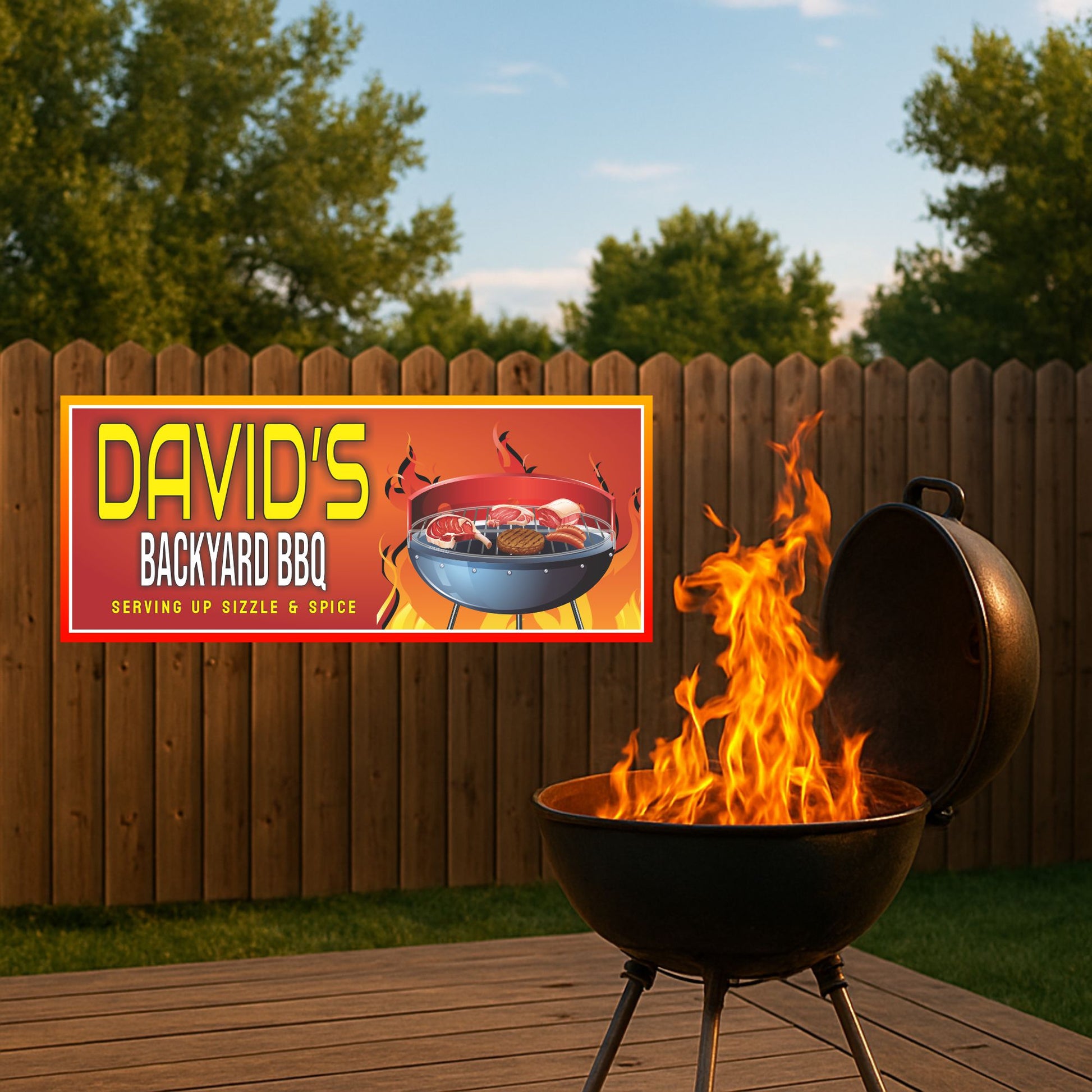 bbq sign displayed on a wooden fence behind a flaming charcoal grill in a backyard setting
