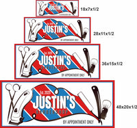 18x7, 28x11, 36x15, and 48x20 inch personalized barbershop sign size options