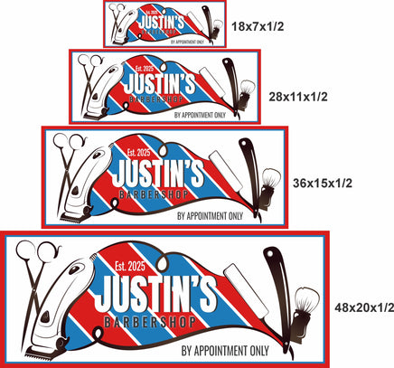 18x7, 28x11, 36x15, and 48x20 inch personalized barbershop sign size options