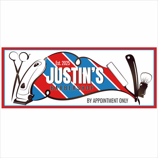 Personalized barbershop wall sign with red, white, and blue barber-pole stripes, clippers, scissors, and a straight razor, featuring editable shop name and text.