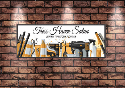 Personalized Hair Salon Sign with Various Tools and Products Displayed