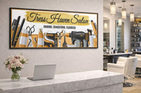 Custom salon wall sign mounted above a modern reception desk in a stylish hair salon with mirrors, chairs, and pendant lighting.