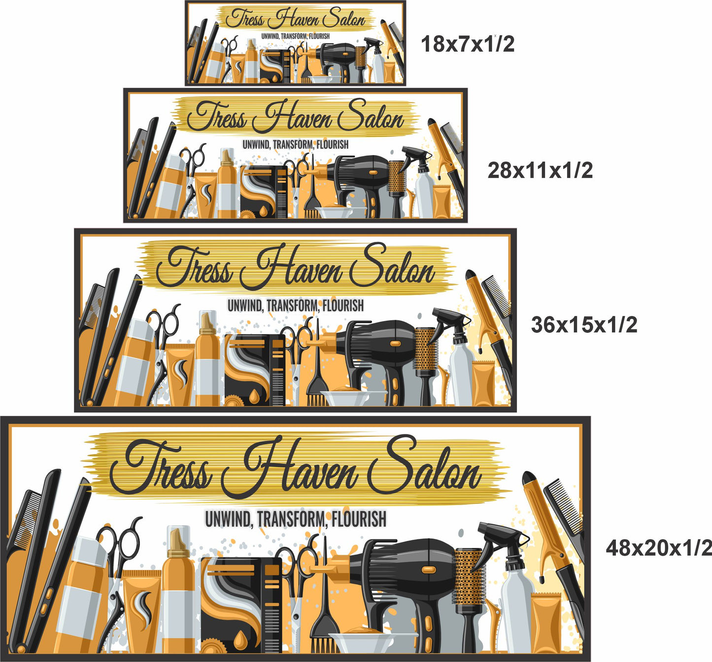 18x7, 28x11, 36x15, and 48x20 inch personalized salon sign size options