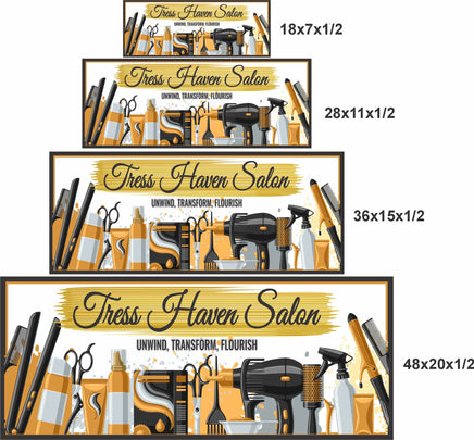 18x7, 28x11, 36x15, and 48x20 inch personalized salon sign size options