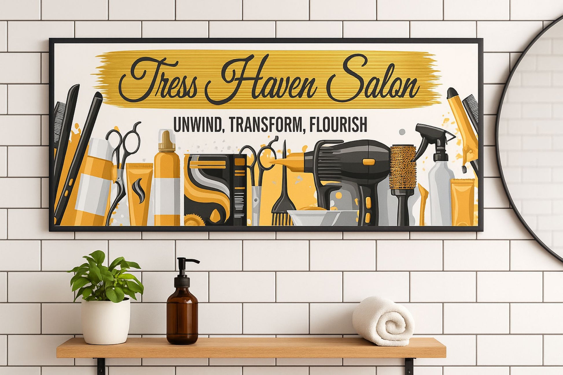 salon sign displayed on a tiled wall above a shelf with plant, soap dispenser, and rolled towel in a modern beauty studio