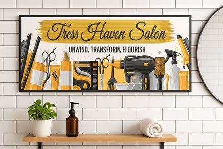 salon sign displayed on a tiled wall above a shelf with plant, soap dispenser, and rolled towel in a modern beauty studio