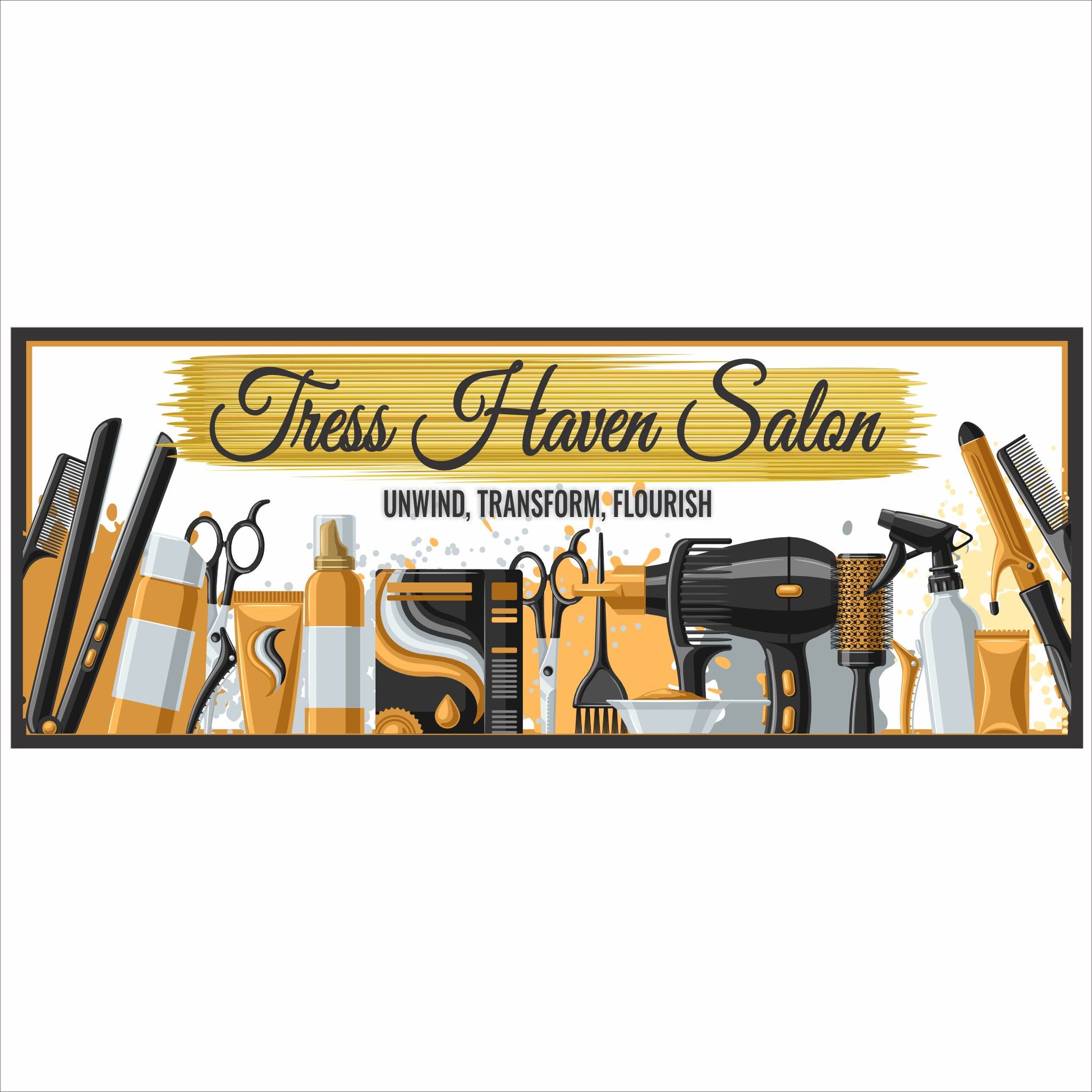 Personalized salon wall sign with script lettering and the phrase “Unwind, Transform, Flourish,” surrounded by scissors, hair dryer, combs, and salon tools in gold and black.