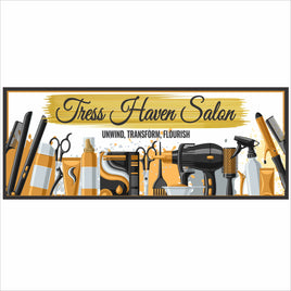 Personalized salon wall sign with script lettering and the phrase “Unwind, Transform, Flourish,” surrounded by scissors, hair dryer, combs, and salon tools in gold and black.