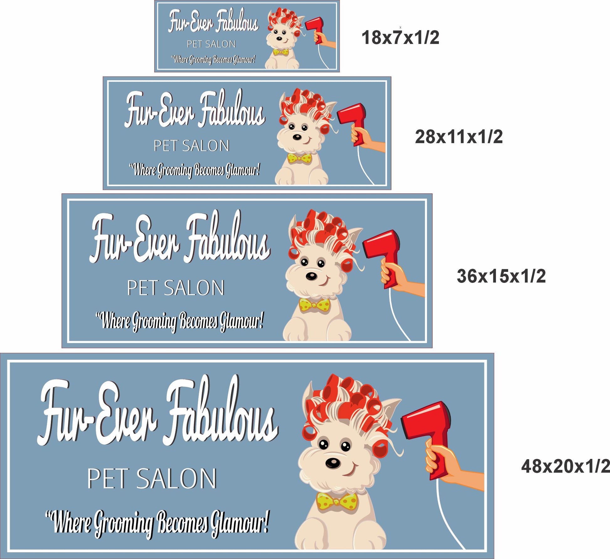 18x7, 28x11, 36x15, and 48x20 inch personalized pet grooming salon sign size options