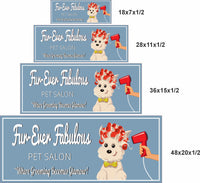 18x7, 28x11, 36x15, and 48x20 inch personalized pet grooming salon sign size options