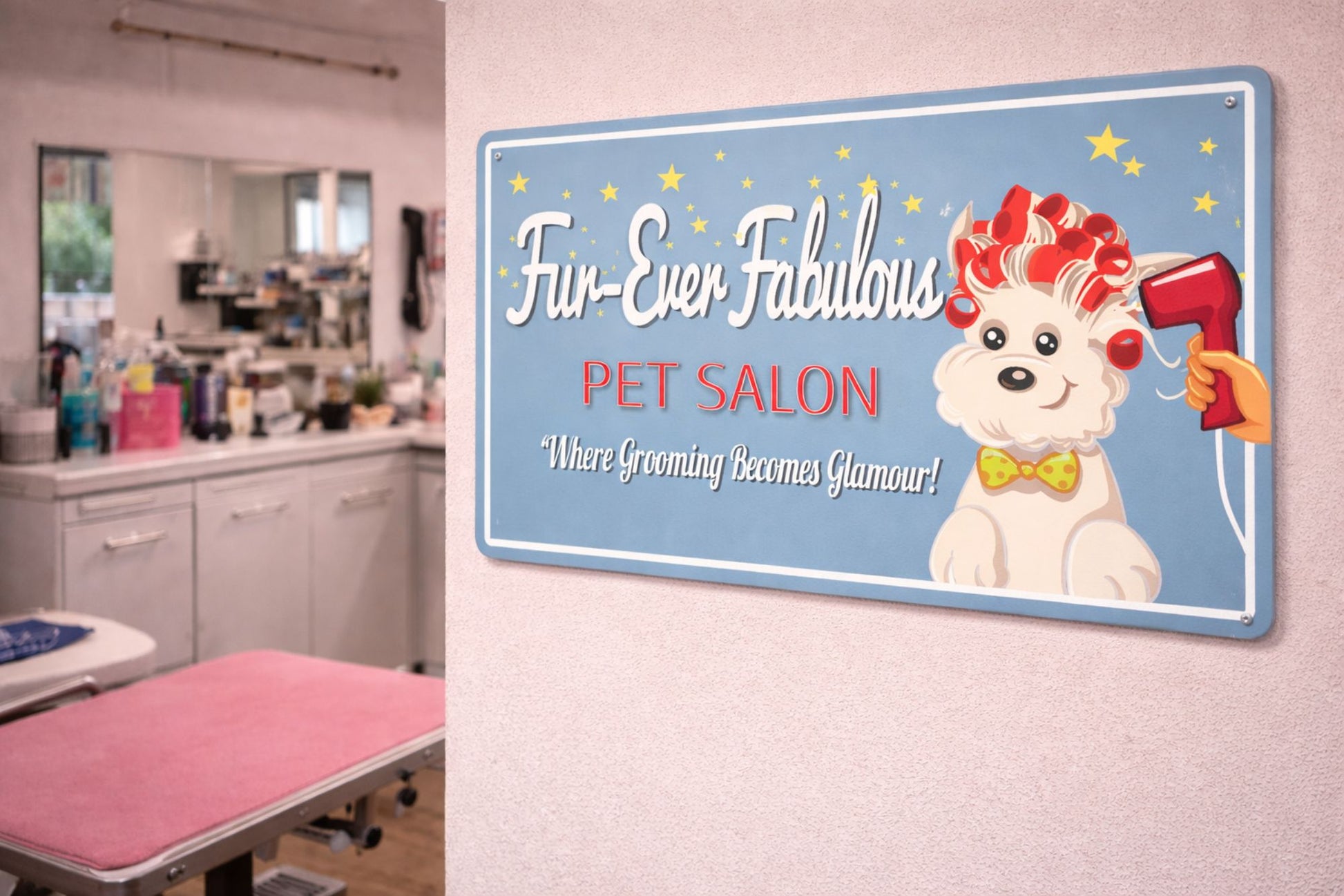 Personalized pet salon sign displayed on wall in grooming workspace