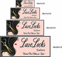 salon sign shown in four available sizes: 18×7, 28×11, 36×15, and 48×20 inches for scale comparison