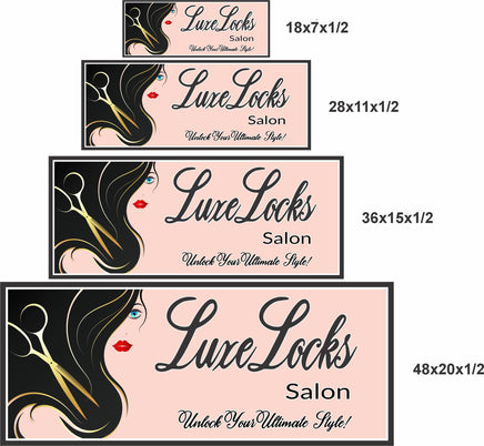 salon sign shown in four available sizes: 18×7, 28×11, 36×15, and 48×20 inches for scale comparison