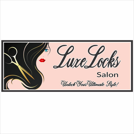 Professional salon wall sign with elegant woman silhouette, gold scissors, and the words Luxe Locks Salon — perfect personalized beauty shop decor.