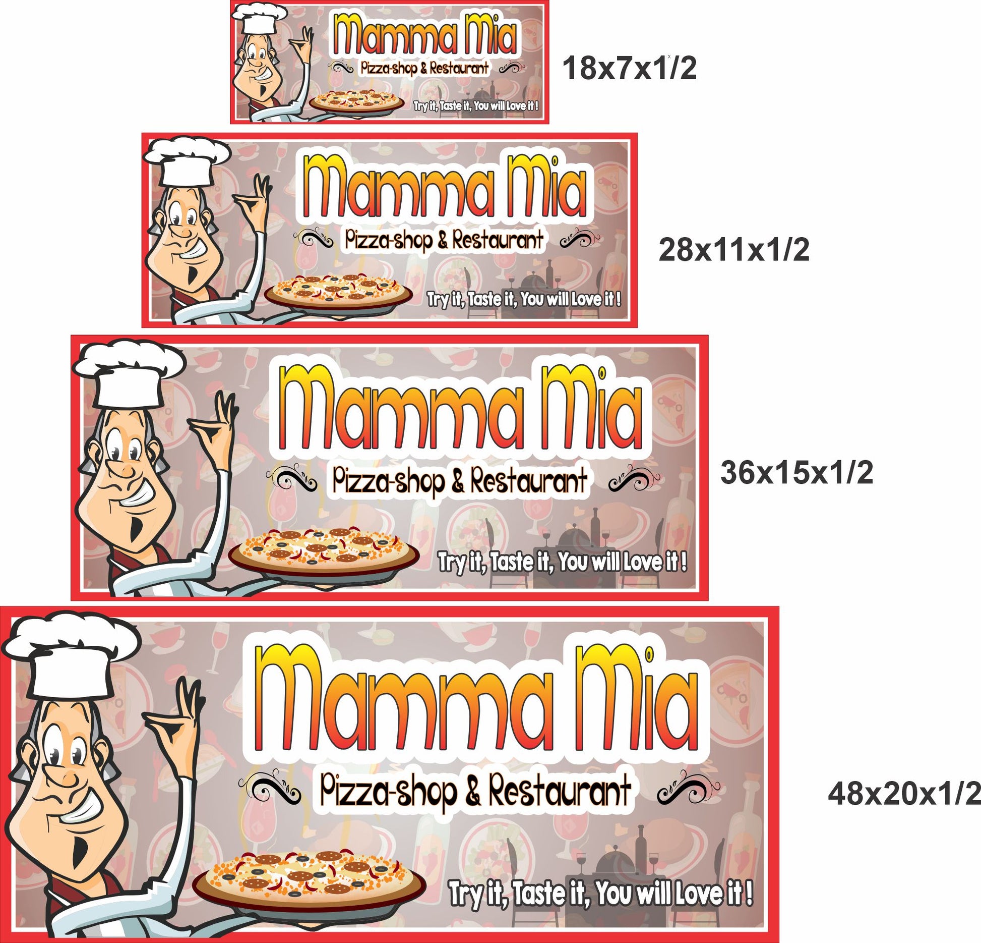 personalized pizza shop sign shown in four sizes 18x7 28x11 36x15 and 48x20 inches