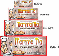 personalized pizza shop sign shown in four sizes 18x7 28x11 36x15 and 48x20 inches
