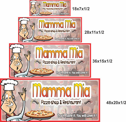 personalized pizza shop sign shown in four sizes 18x7 28x11 36x15 and 48x20 inches