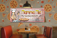 personalized pizza shop sign hanging in restaurant booth area with chef cartoon and pizza graphics