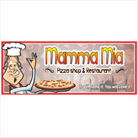 Personalized pizza shop wall sign featuring a cartoon chef and customizable restaurant name, designed in red, white, and orange with a fun Italian-style theme.