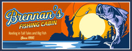Image of a personalized fishing sign depicting a silhouette fisherman reeling in a jumbo fish under moonlight.