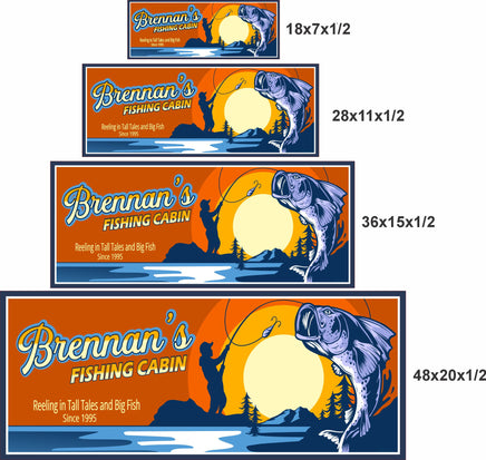 four available sizes of custom fishing cabin sign side by side