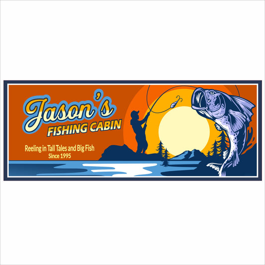 Personalized fishing sign with fisherman silhouette and giant bass
